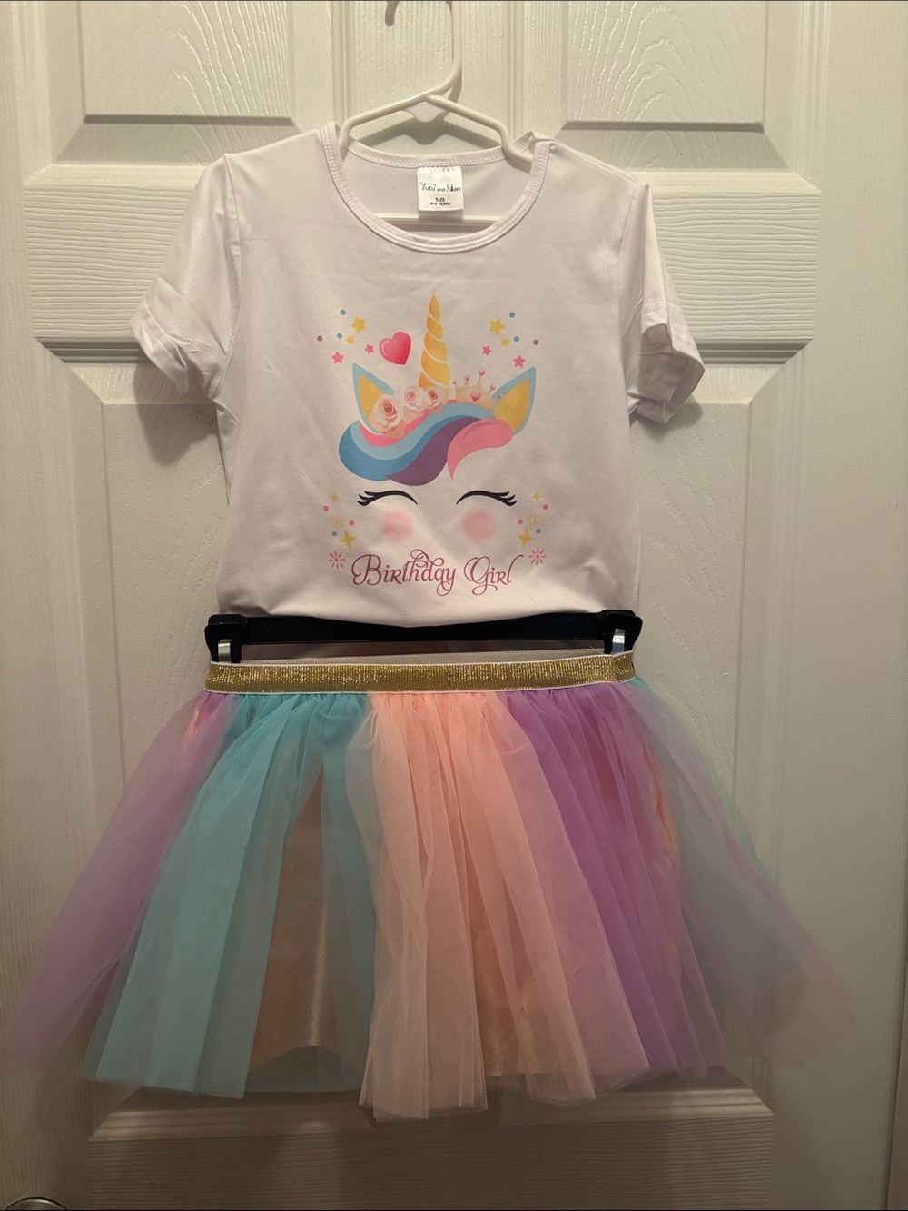 Birthday Girl Unicorn Tulle Skirt Set - White Top with Pastel Rainbow Skirt